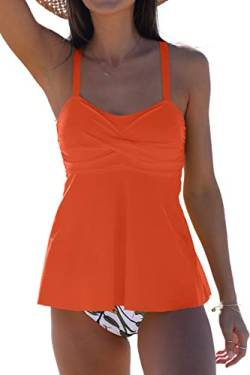 Beachsissi Damen Badeanzüge Blumendruck Zweiteilig Twist Front Verstellbar Hohe Taille Bauchkontrolle Tankini Sets, Orange, M von Beachsissi