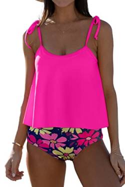 Beachsissi Damen Badeanzüge mit Hoher Taille Zweiteilig Blumendruck Gerafftes Tankini Sets, Rosa, S von Beachsissi