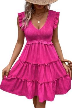 Beachsissi Damen Einfarbige süße Kleider V-Ausschnitt Freizeitkleid, Rosered, M von Beachsissi