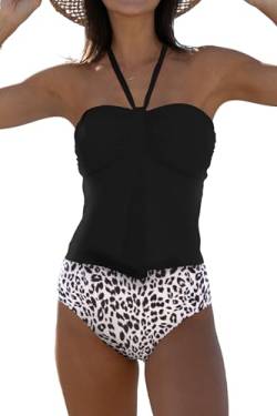 Beachsissi Damen Halfter Leopard Print Zweiteilige Bademode Hohe Taille Bauchkontrolle Tankini Sets, Leopard, L von Beachsissi