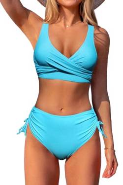 Beachsissi Damen Hoch taillierte Badeanzüge Criss Cross Drawstring Side Bikini Sets Lace Up 2 Stück Badeanzüge, Blau, M von Beachsissi