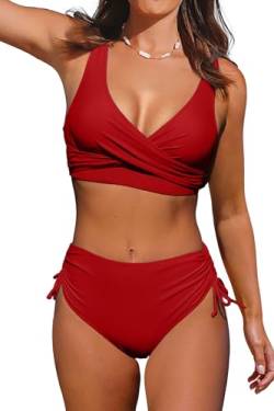 Beachsissi Damen Hoch taillierte Badeanzüge Criss Cross Drawstring Side Bikini Sets Lace Up 2 Stück Badeanzüge, Rot, M von Beachsissi