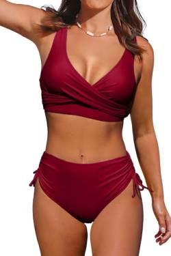 Beachsissi Damen Hoch taillierte Badeanzüge Criss Cross Drawstring Side Bikini Sets Lace Up 2 Stück Badeanzüge, Wein, XL von Beachsissi