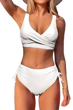 Beachsissi Damen Hoch taillierte Badeanzüge Criss Cross Drawstring Side Bikini Sets Lace Up 2 Stück Badeanzüge, Weiß, M von Beachsissi