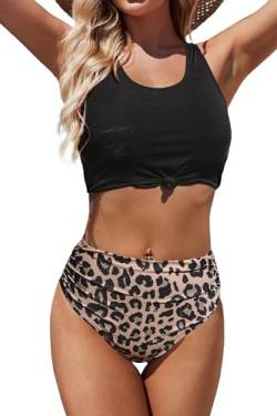 Beachsissi Damen Hoch taillierte Bademode Leopardenmuster Zweiteilige Badeanzüge Knotenfront Bikini Sets, Schwarz, M von Beachsissi