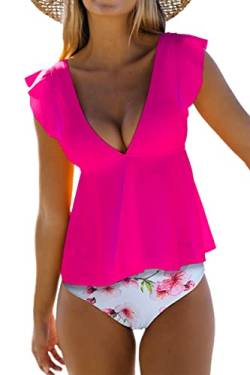 Beachsissi Damen Tankini mit V-Ausschnitt, gerüschte Schulter, floraler Badeanzug, Knallpink (Hot Pink), Medium von Beachsissi