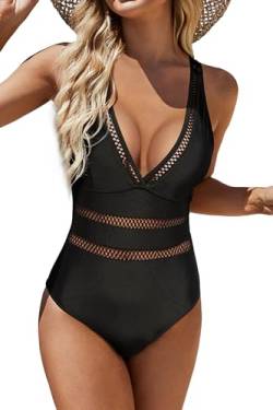 Beachsissi Damen V-Ausschnitt Badeanzüge Cross Back Padded Beachsuits Einfarbig Mesh Patchwork Einteilige Bademode, Schwarz, M von Beachsissi