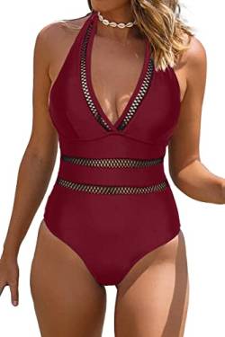 Beachsissi Damen V-Ausschnitt Badeanzüge Cross Back Padded Beachsuits Solid Color Mesh Patchwork One Piece Bademode, Wein, L von Beachsissi