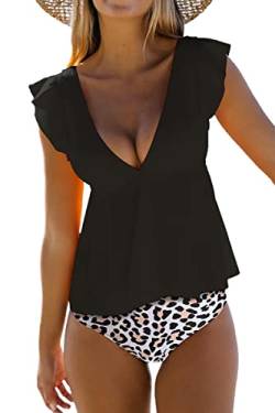 Beachsissi Damen Zweiteilige Badeanzüge mit Rüschenschulter Gepolsterte Badeanzüge V-Ausschnitt Tankini-Sets, Leopard, L von Beachsissi