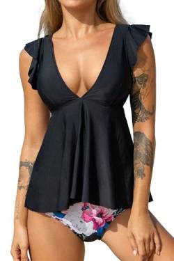 Beachsissi Damen Zweiteilige Badeanzüge mit Rüschenschulter Gepolsterte Badeanzüge V-Ausschnitt Tankini Sets, Schwarz, L von Beachsissi