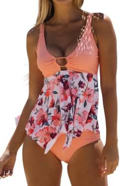 Beachsissi Damen Zweiteilige Tankini Sets mit Knoten Patchwork Blumendruck Ausschnitt Rüschensaum, Orange, M von Beachsissi