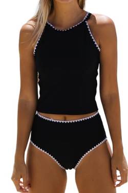 Beachsissi Damen Zweiteiliges Tankini Set mit Hoher Taille Rundhalsausschnitt und Hoher Taille, Schwarz, XL von Beachsissi