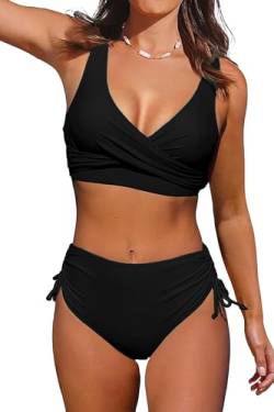 Beachsissi High Waisted Bikini Twist Front Tie Back 2 Piece Swimsuit Solid Color Black von Beachsissi