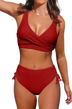 Beachsissi High Waisted Bikini Twist Front Tie Back 2 Piece Swimsuit Solid Color Red von Beachsissi