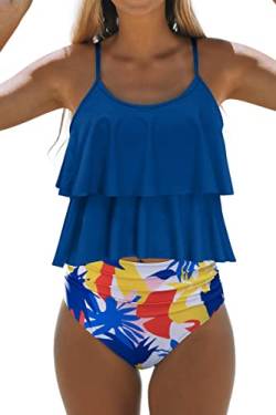 Beachsissi Tankini Badeanzug Stripe Print High Waisted Tummy Control 2-Teiler Badeanzug, Blau, L von Beachsissi