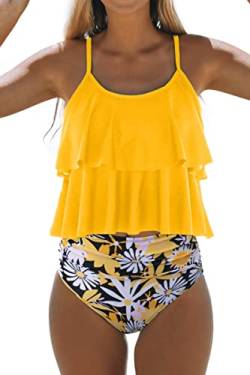 Beachsissi Tankini Badeanzug Stripe Print High Waisted Tummy Control 2-Teiler Badeanzug, Blumen, L von Beachsissi