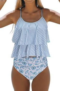 Beachsissi Tankini Badeanzug Stripe Print High Waisted Tummy Control 2-Teiler Badeanzug, Himmelblau, L von Beachsissi