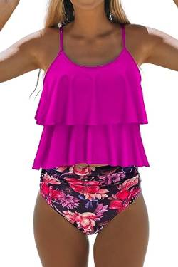 Beachsissi Tankini Badeanzug Stripe Print High Waisted Tummy Control 2-Teiler Badeanzug, Magenta, M von Beachsissi