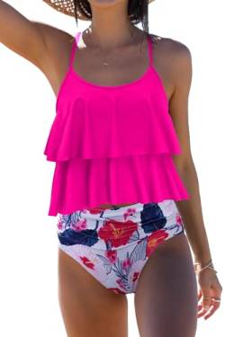 Beachsissi Tankini Badeanzug Stripe Print High Waisted Tummy Control 2-Teiler Badeanzug, Rosa Rot, S von Beachsissi