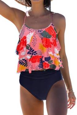 Beachsissi Tankini Badeanzug Stripe Print High Waisted Tummy Control 2-Teiler Badeanzug, Tomate, M von Beachsissi