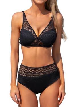 Damen Spitze Patchwork V Ausschnitt Sexy Bikini Set Hohe Taille Zweiteiler, schwarz, Medium von Beachsissi