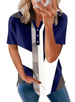 BeadChica Damen Casual Tunika Tops Kurzarm V Ausschnitt Shirts Button Up Loose Fit Henley Blusen, Weiß-blaues Karo., X-Large von BeadChica
