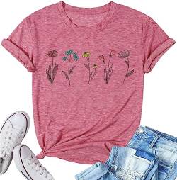 Wildblumen-Shirts für Damen, lässig, Sommer, Blume, Grafik, T-Shirts, niedliche Gartenpflanzenliebhaber, T-Shirts Tops, blumen-rot, Groß von Bealatt