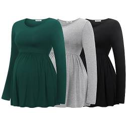 Bearsland Maternity Tops Long Sleeve Scoop Neck Breastfeeding T-Shirt Pregnancy Clothes, Black & Light Grey & Dark Green, XL von Bearsland