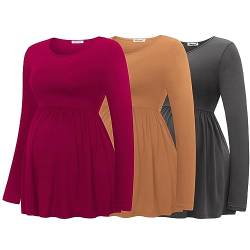Bearsland Maternity Tops Long Sleeve Scoop Neck Breastfeeding T-Shirt Pregnancy Clothes, Wine Red& Iron Grey& Light Orange, XL von Bearsland
