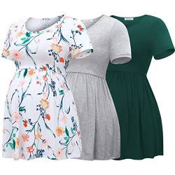 Bearsland Maternity Tops Short Sleeve Scoop Neck Breastfeeding T-Shirt Pregnancy Clothes，Green&Light Gray&White Flower,S von Bearsland