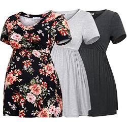 Bearsland Maternity Tops Short Sleeve Scoop Neck Breastfeeding T-Shirt Pregnancy Clothes，Navy Gray&Light Gray &Black Flower,M von Bearsland