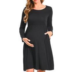 Bearsland Women’s Long Sleeve Maternity Dresses Patchwork Pregnancy Dress with Pocket, Black, M von Bearsland