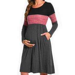 Bearsland Women’s Long Sleeve Maternity Dresses Patchwork Pregnancy Dress with Pocket, Maroon, XXL von Bearsland