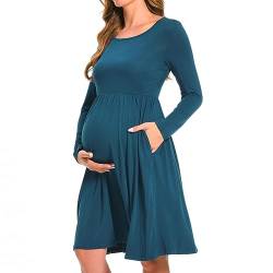 Bearsland Women’s Long Sleeve Maternity Dresses Patchwork Pregnancy Dress with Pocket, Vivid Blue, XL von Bearsland