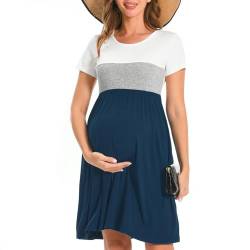 Bearsland Women’s Short Sleeve Maternity Dresses Patchwork Pregnancy Dress with Pocket, Lake Blue, L von Bearsland