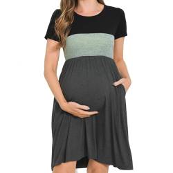 Bearsland Women’s Short Sleeve Maternity Dresses Patchwork Pregnancy Dress with Pocket, Light Green, L von Bearsland