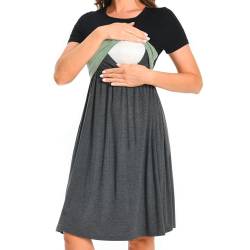 Bearsland Women’s Short Sleeve Nursing Dress Patchwork Breastfeeding Dress with Pocket, Green, S von Bearsland