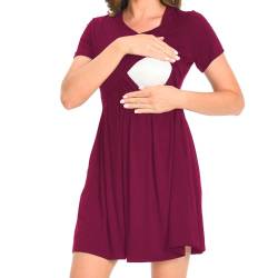Bearsland Women’s Short Sleeve V-Neck Maternity Nursing Dress for Breastfeeding with Pocket, Wine Red, S von Bearsland