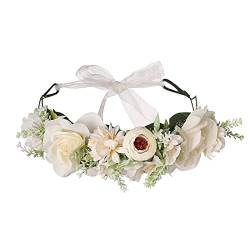 BeauFairy Weiss Boho Blumenkranz, Blumenstirnband Haarschmuck Verstellbares Haargummi Blumenkrone Blumenkranz, Band Blumengirlande für Kopfschmuck Kommunion Mädchen, Braut Brautjungfer Haarschmuck von BeauFairy