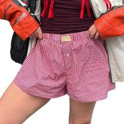 Beauace Damen Lounge Shorts Y2k Low Rise Plaid Print Knopfleiste vorne Pyjamahose Boxershorts elastische Taille Boxer Streetwear (Rot, L) von Beauace
