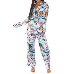 Beauace Damen Pyjama Set aus Satin langärmelig Oberteil mit Hose 2 teiliges Nachtwäsche Set mit Knöpfen (02 Bunter Skidruck, M) von Beauace