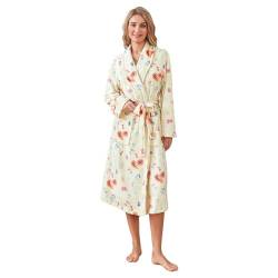 Beauace Flauschige Bademäntel für Damen lang mit Blumen und Fruchtdruck vorne offen weicher Fleece Bademantel leichter Kimono Loungewear mit Taschen Gürtel für Spa Party (Gelb, L) von Beauace