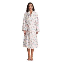 Beauace Flauschige Bademäntel für Damen lang mit Blumen und Fruchtdruck vorne offen weicher Fleece Bademantel leichter Kimono Loungewear mit Taschen Gürtel für Spa Party (Weiß, M) von Beauace