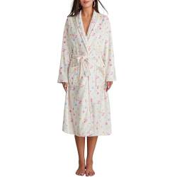 Beauace Flauschige Bademäntel für Damen lang mit Blumen und Fruchtdruck vorne offen weicher Fleece Bademantel leichter Kimono Loungewear mit Taschen Gürtel für Spa Party (Weißer Blumendruck, L) von Beauace