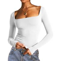 Damen Ausgehen Basic Crops Top Langarm Y2K Solid Slim Fit T-Shirt Square Neck Shirt Streetwear Club Party (02 Weiß, M) von Beauace