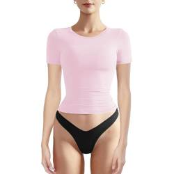 Damen Ausgehen Basic Skims Dupe Crop Top Kurzarm Y2K Solid Slim Fit T-Shirt Rundhalsshirt Streetwear Club Party (Rosa, M) von Beauace