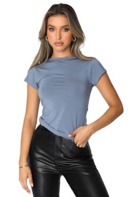 Damen Basic Skims Dupe Crop Top Kurzarm Y2K Solid Silm Fit T-Shirt Crewneck Shirt Ausgehen Streetwear Club Party (Blau, L) von Beauace