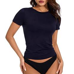 Damen Basic Skims Dupe Going Out Crop Top Kurzarm Y2K Solid Slim Fit T-Shirt Rundhalsshirt Streetwear Club Party (Dunkelblau, S) von Beauace