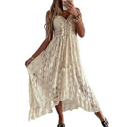 Damen Boho Kleid Hohe Taille Lang Sommerkleid Spaghettiträge V-Ausschnitt Spitze Strandkleid Ärmellos Elegant A-Linie Spitzenkleid (Beige, M) von Beauace