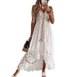 Damen Boho Kleid Hohe Taille Lang Sommerkleid Spaghettiträge V-Ausschnitt Spitze Strandkleid Ärmellos Elegant A-Linie Spitzenkleid (Weiß, L) von Beauace